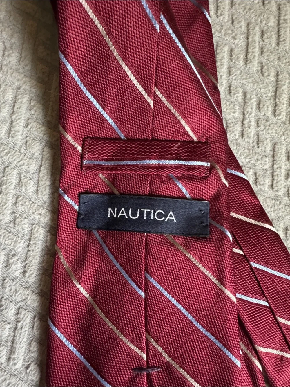 Nautica Burgundy Tie with Diagonal Silver/Blue Stripes